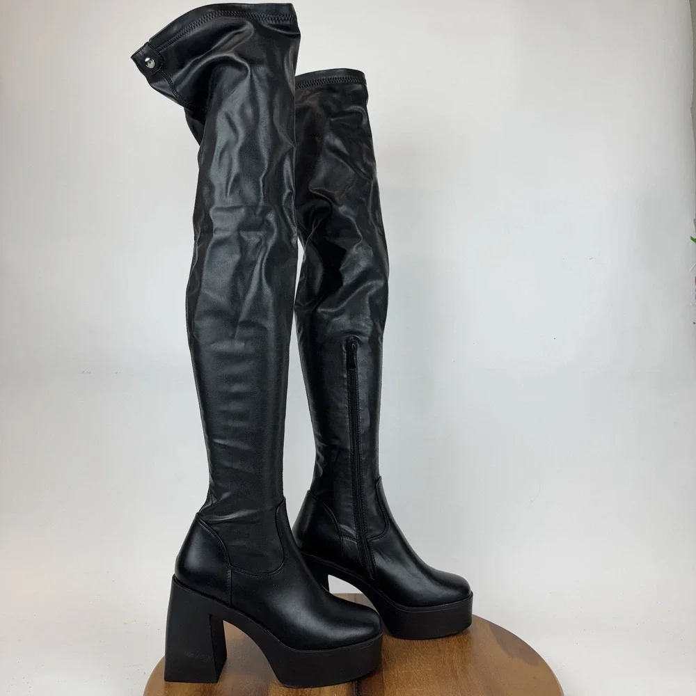 New Womens Azalea‎ Wang Adrianne Black Faux Leather Over The Knee Boots Size 7 M